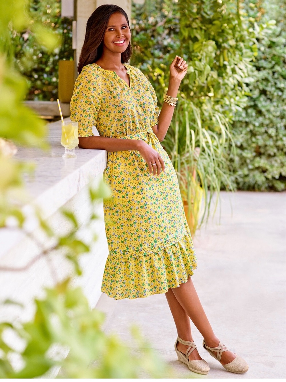 TALBOTS YELLOW FLORAL FIT/FLARE POCKETS RUFFLED COTTAGECORE PARTY DRESS NEW SzXL